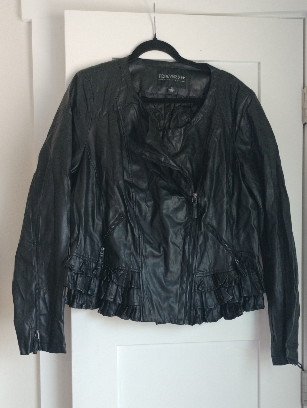 Forever 21 Black Faux Leather Ruffle-Hem Moto Jacket